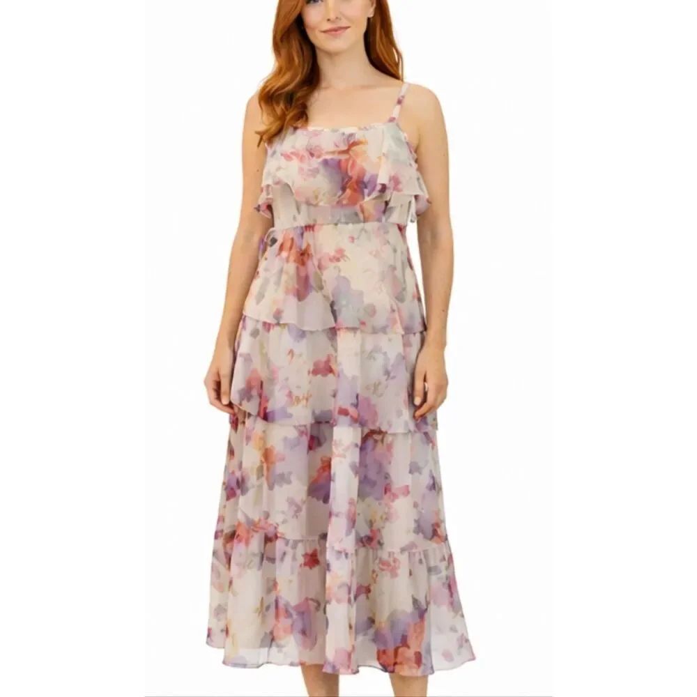 Storia ruffled tiered chiffon floral dress size m